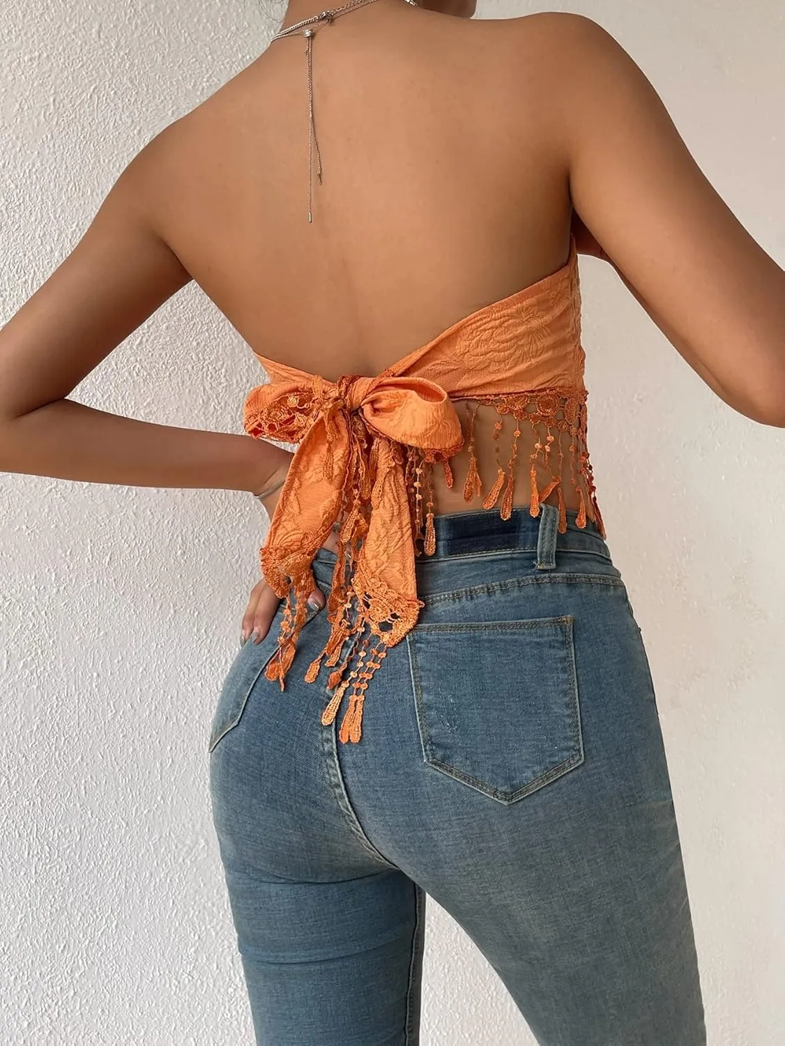 MakeMeChic Women's Boho Crop Tube Top Floral Tie Back Cute Bandana Tops