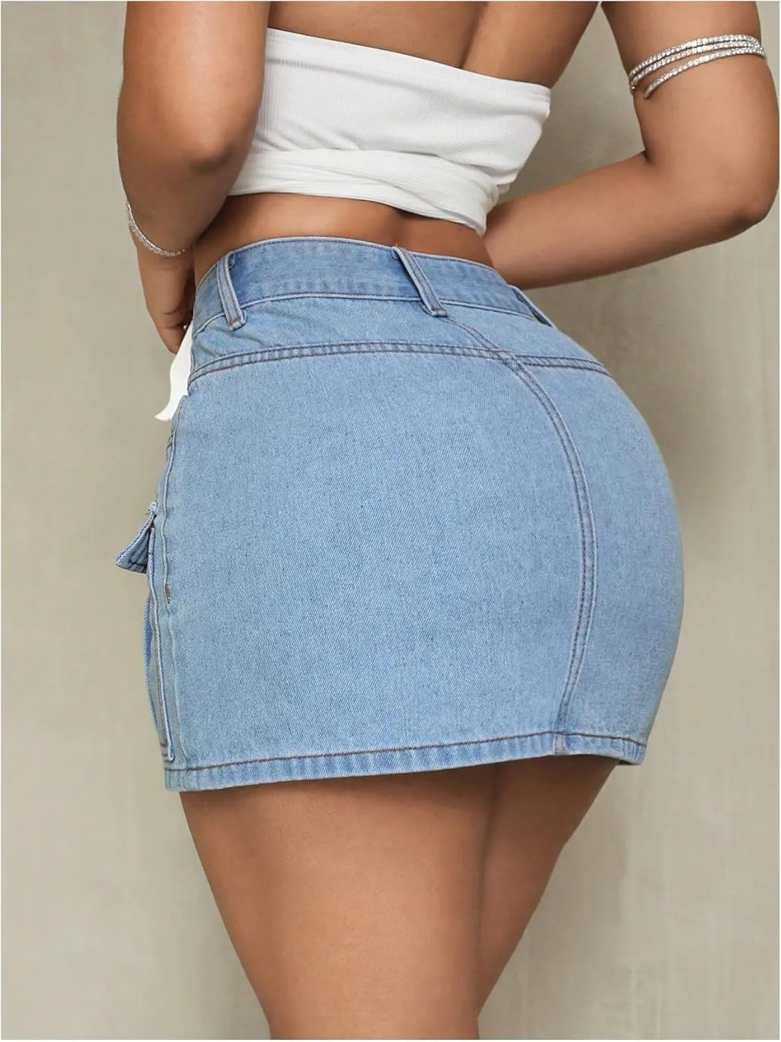 MakeMeChic Women's High Waist Jean Shirts Zip Fly Flap Pocket Bodycon Mini Denim Skirt