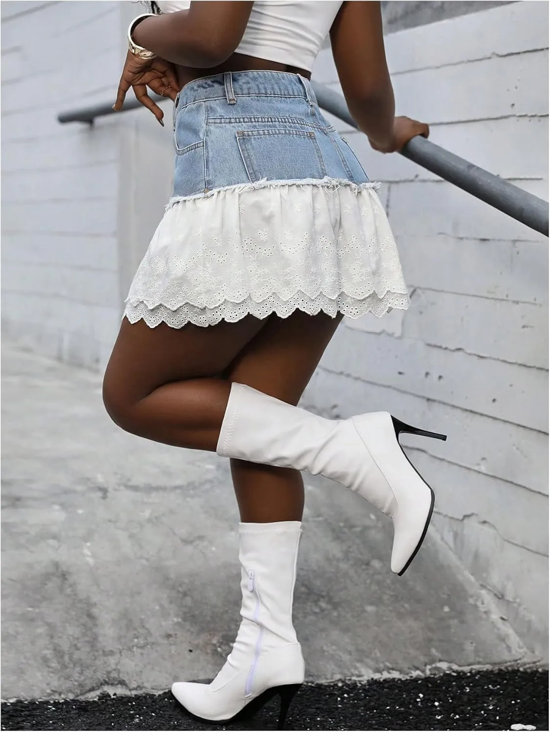 MakeMeChic Women's Ruffle Tiered Denim Mini Skirt Raw Trim A Line Short Jean Skirts