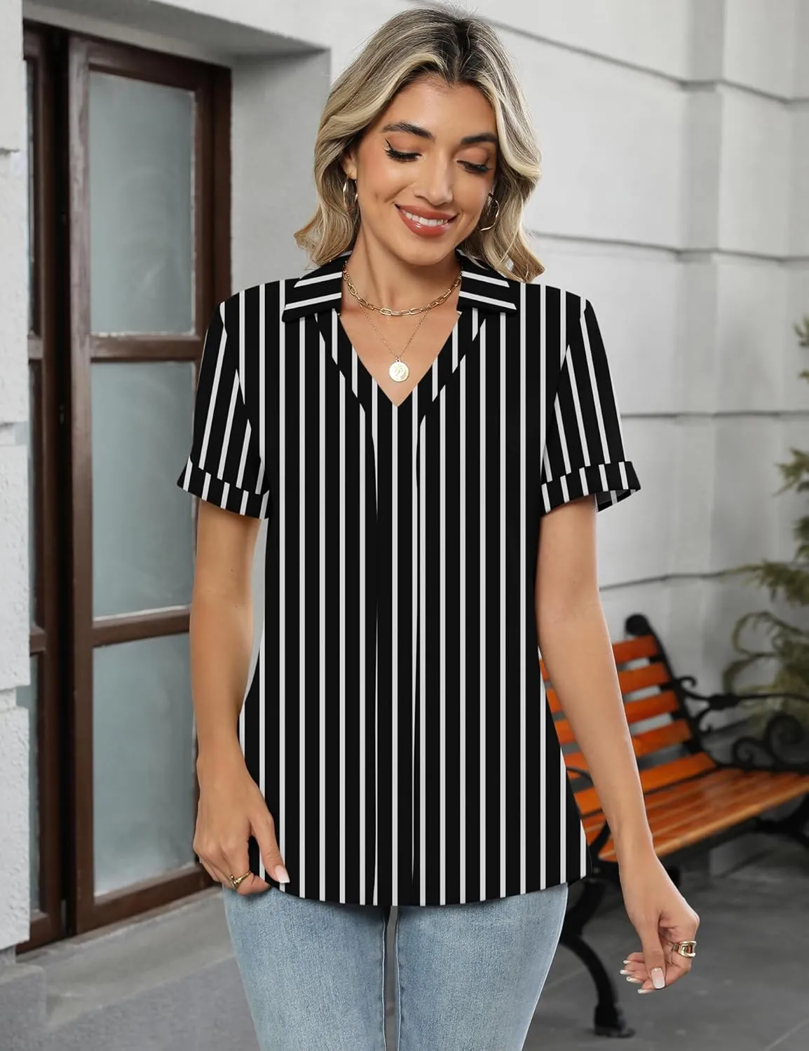Micoson Womens Polo Shirts Dressy V Neck Business Casual Tops Lapel Collar Short Sleeve Summer Shirts Loose Fit Work Blouses