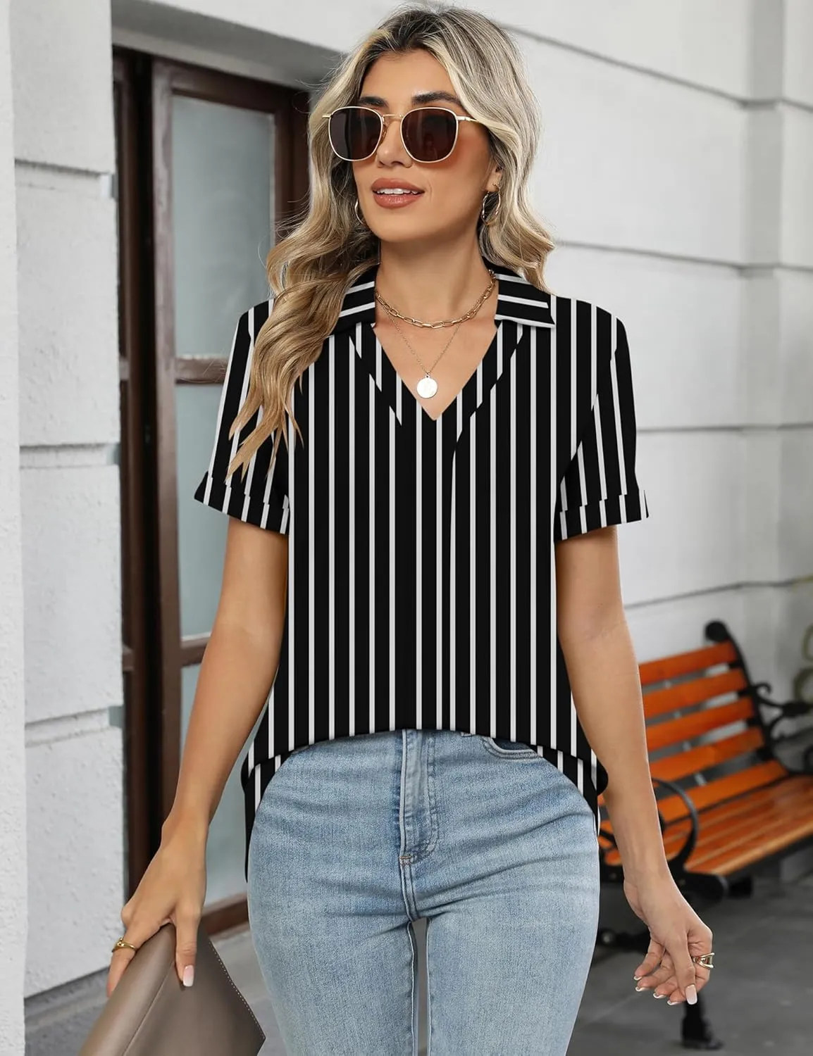 Micoson Womens Polo Shirts Dressy V Neck Business Casual Tops Lapel Collar Short Sleeve Summer Shirts Loose Fit Work Blouses