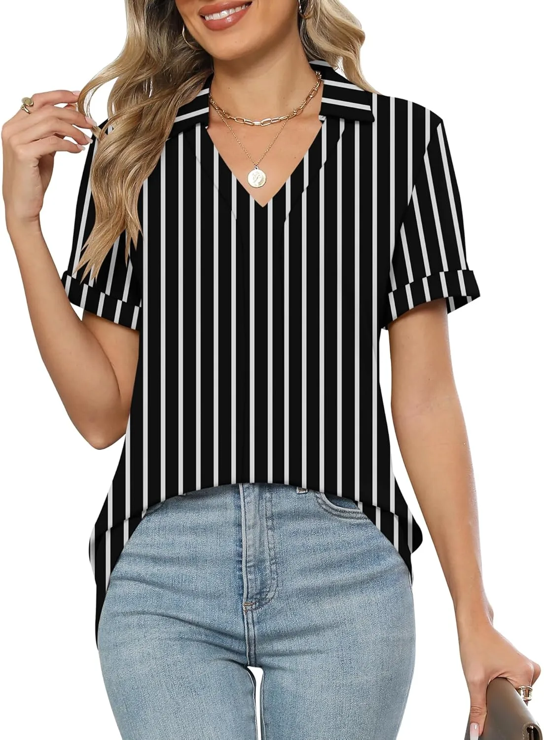 Micoson Womens Polo Shirts Dressy V Neck Business Casual Tops Lapel Collar Short Sleeve Summer Shirts Loose Fit Work Blouses