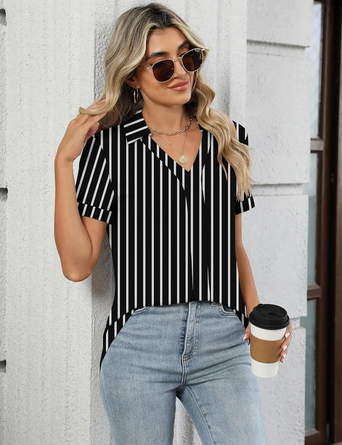 Micoson Womens Polo Shirts Dressy V Neck Business Casual Tops Lapel Collar Short Sleeve Summer Shirts Loose Fit Work Blouses