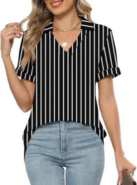 Micoson Womens Polo Shirts Dressy V Neck Business Casual Tops Lapel Collar Short Sleeve Summer Shirts Loose Fit Work Blouses