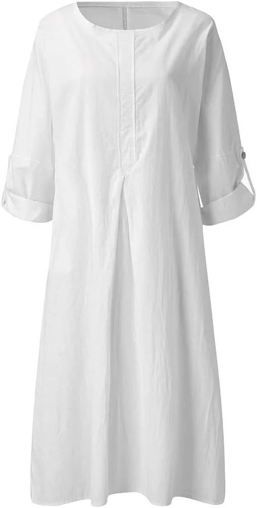 Midi Dresses for Women Casual Loose Short Sleeve Long T Shirt Dress Round Neck Split Maxi Beach Sundress Resort Chic