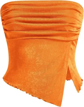 Milumia Women Mesh Tube Tops Split Hem Going Out Strapless Bandeau Tops Ruched Tank Shirts