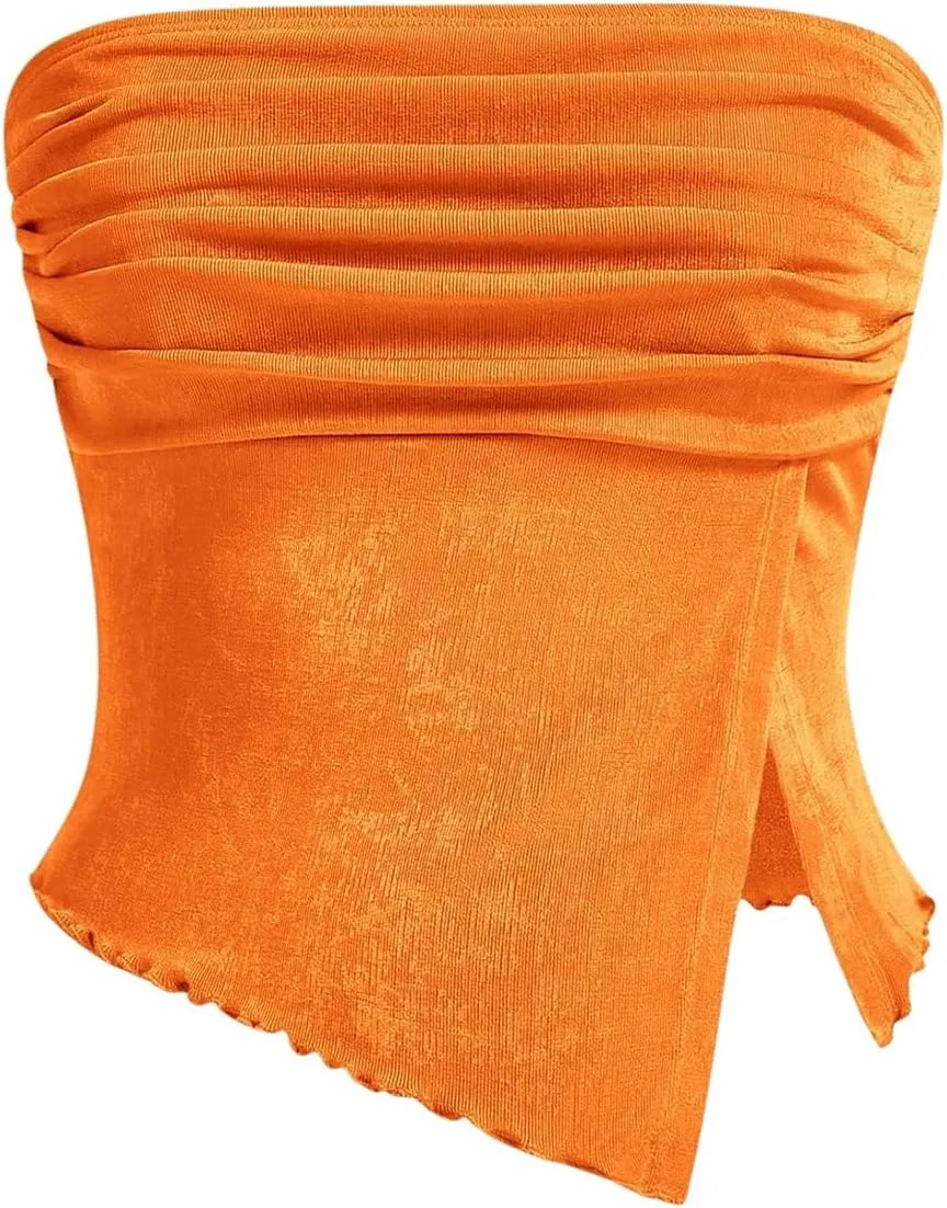 Milumia Women Mesh Tube Tops Split Hem Going Out Strapless Bandeau Tops Ruched Tank Shirts