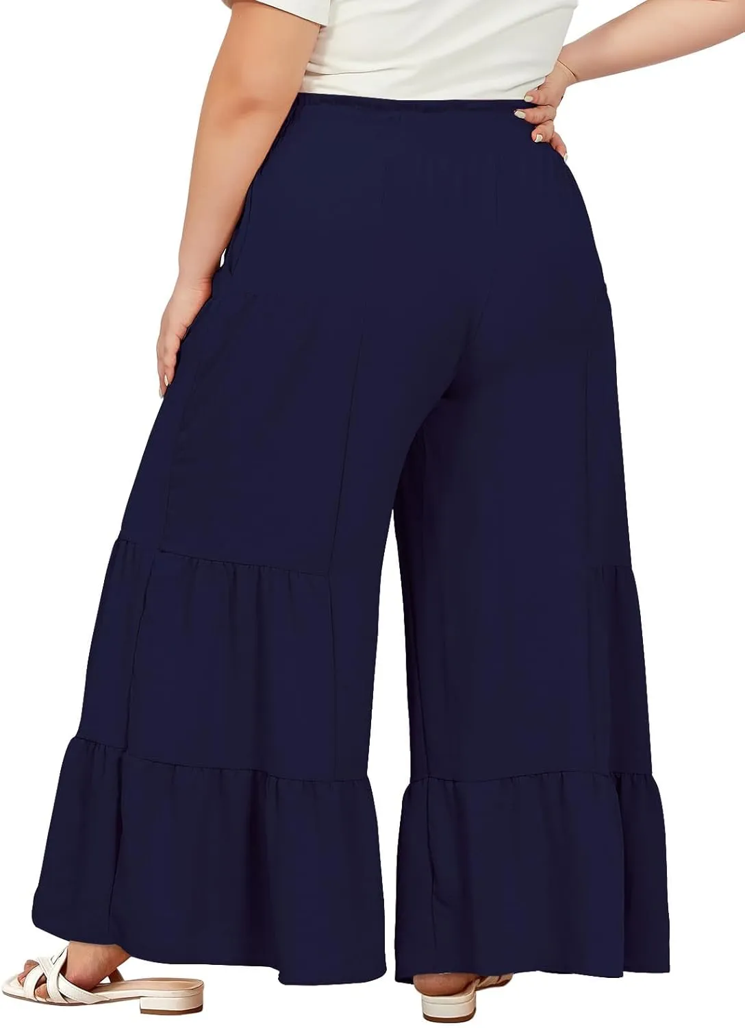 Moon Wood Plus Size Wide Leg Pants Woman High Waisted Palazzo Flowy Pants with Pockets Trendy Casual Summer Pants