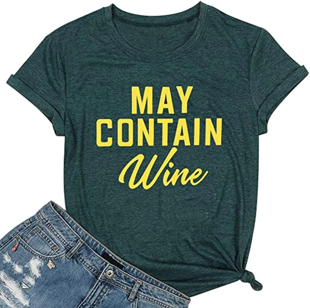 NaRHbrg May Contain Wine T Shirt Alcohol Shirts Womens Letter Print Tops Loose Casual Summer Blouse Short Sleeve Tee Shirt
