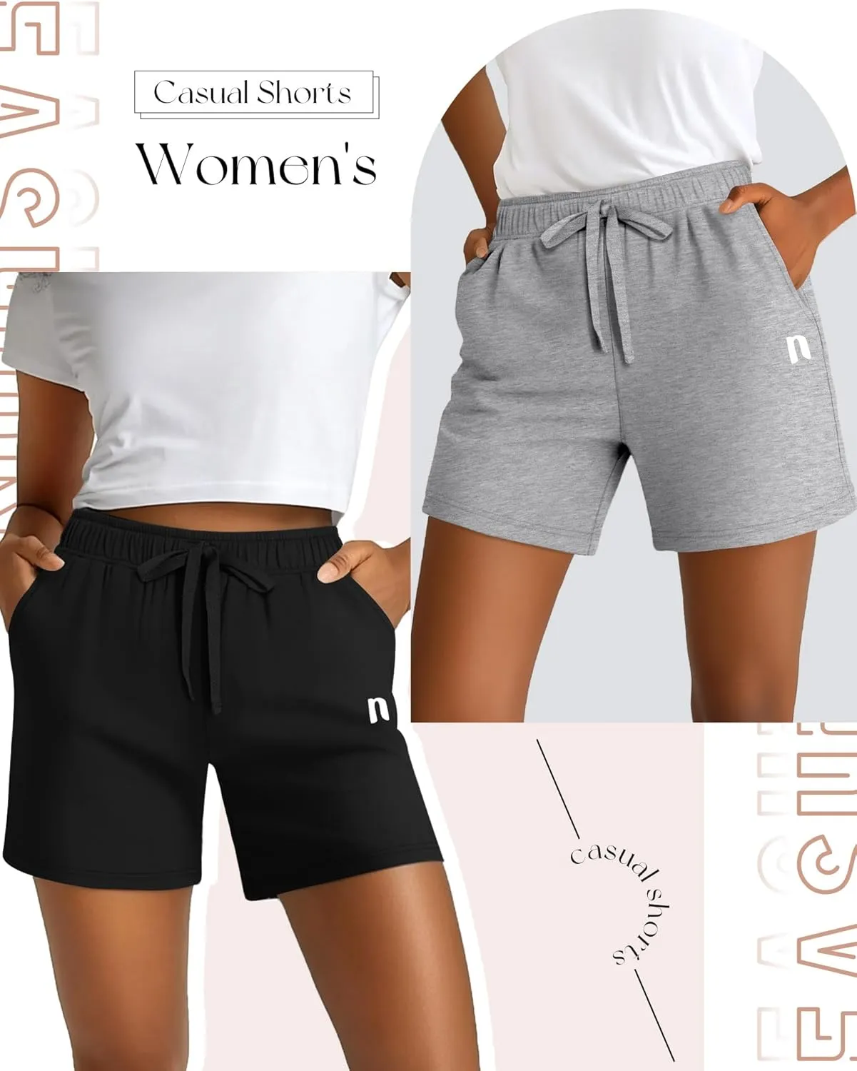Neer 3 Pack Women's Sweat Shorts, Summer Drawstring Cotton Shorts with Pocket Loose Athletic Lounge Casual Running Bottoms