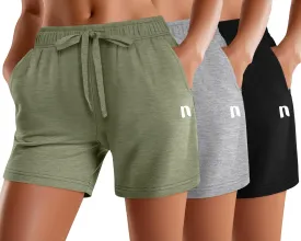 Neer 3 Pack Women's Sweat Shorts, Summer Drawstring Cotton Shorts with Pocket Loose Athletic Lounge Casual Running Bottoms