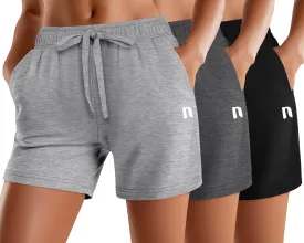 Neer 3 Pack Women's Sweat Shorts, Summer Drawstring Cotton Shorts with Pocket Loose Athletic Lounge Casual Running Bottoms