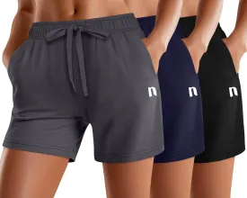 Neer 3 Pack Women's Sweat Shorts, Summer Drawstring Cotton Shorts with Pocket Loose Athletic Lounge Casual Running Bottoms
