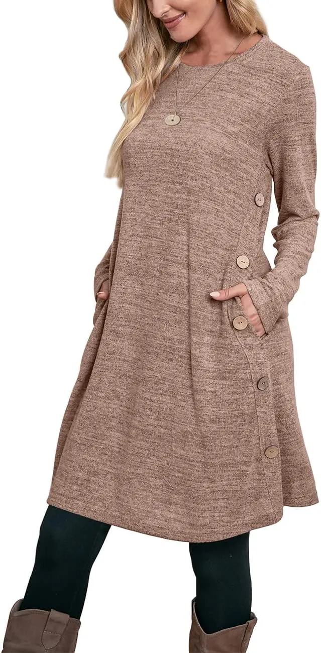 OFEEFAN Womens Long Sleeve Tunic Dres Fall Outfits with Pockets Buttons