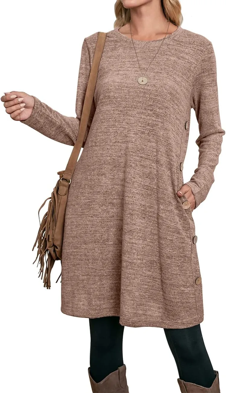 OFEEFAN Womens Long Sleeve Tunic Dres Fall Outfits with Pockets Buttons