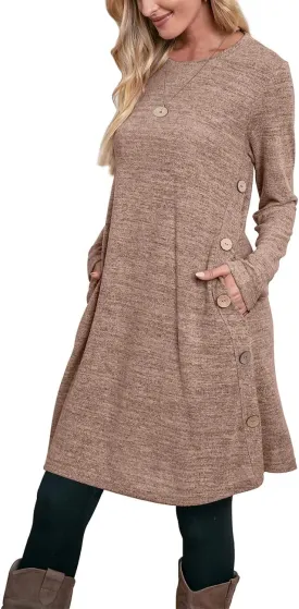 OFEEFAN Womens Long Sleeve Tunic Dres Fall Outfits with Pockets Buttons