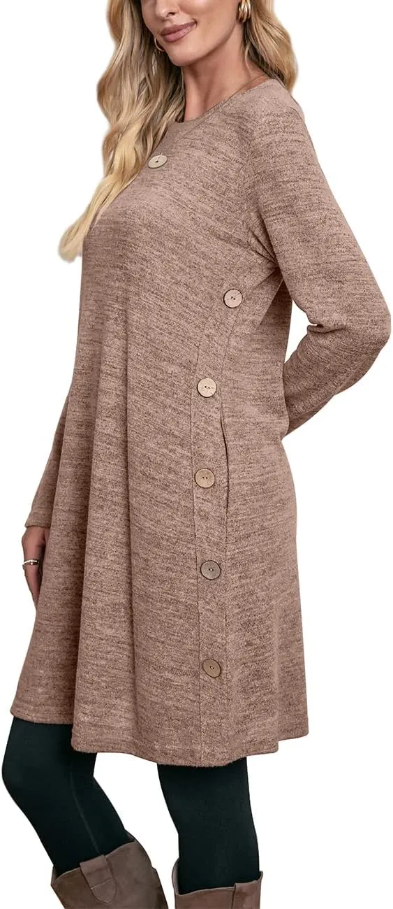 OFEEFAN Womens Long Sleeve Tunic Dres Fall Outfits with Pockets Buttons