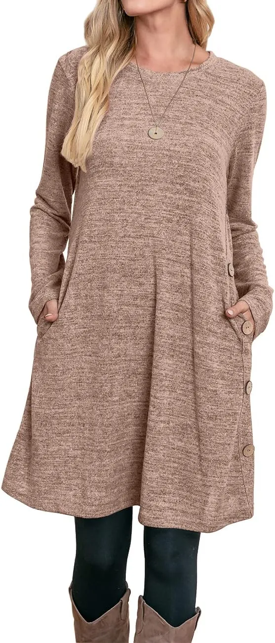 OFEEFAN Womens Long Sleeve Tunic Dres Fall Outfits with Pockets Buttons