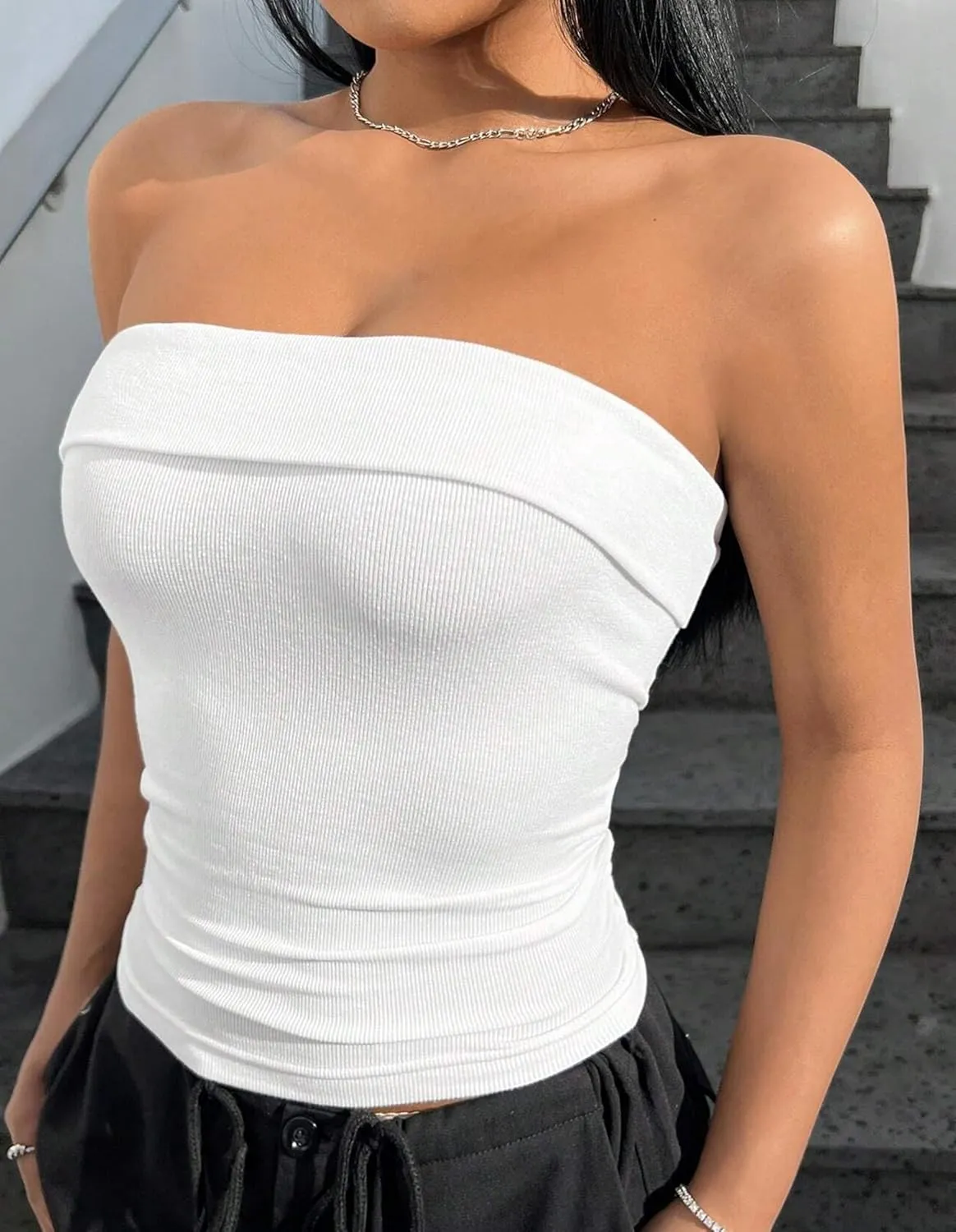 OLCHEE Womens 2PK Tube Tops Off Shoulder Seamless Ribbed Strapless Sleeveless Side Ruched Slim Fitted Summer Going Out Top
