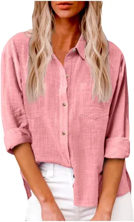 Oversized Linen Shirts Women Button Down V Neck Long Sleeve Casual Summer Tops with Pockets Beach Blouses