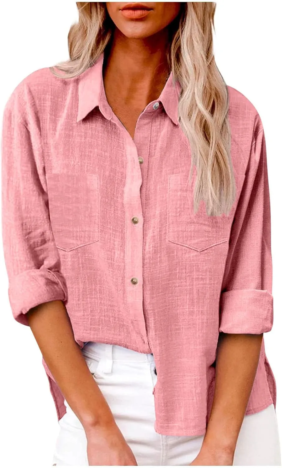 Oversized Linen Shirts Women Button Down V Neck Long Sleeve Casual Summer Tops with Pockets Beach Blouses