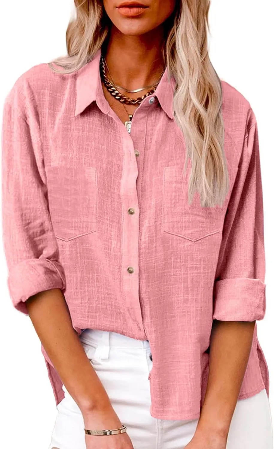 Oversized Linen Shirts Women Button Down V Neck Long Sleeve Casual Summer Tops with Pockets Beach Blouses