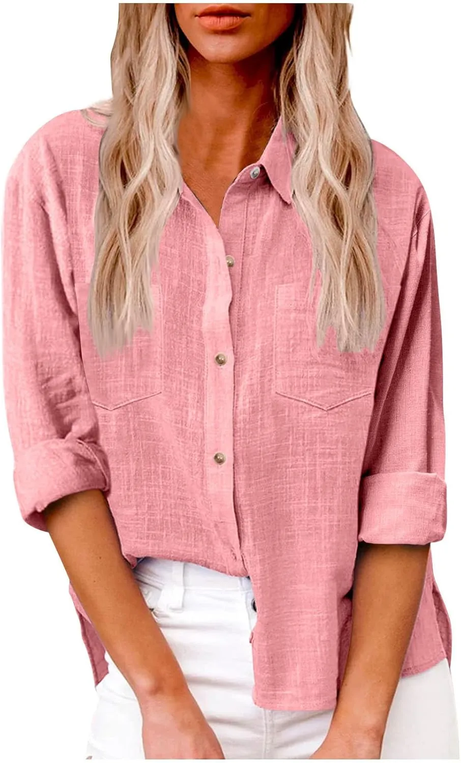Oversized Linen Shirts Women Button Down V Neck Long Sleeve Casual Summer Tops with Pockets Beach Blouses