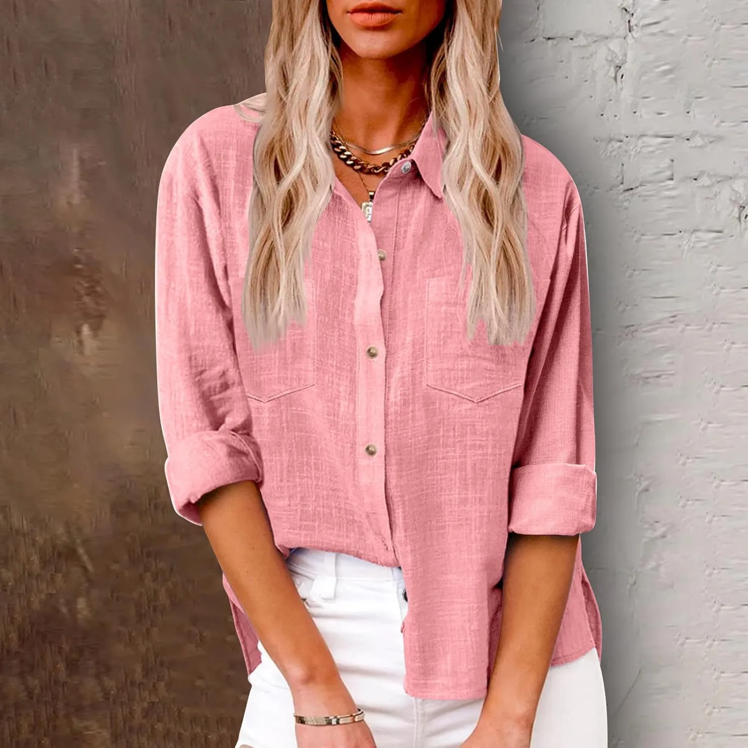 Oversized Linen Shirts Women Button Down V Neck Long Sleeve Casual Summer Tops with Pockets Beach Blouses