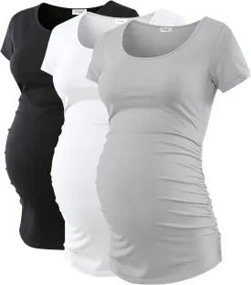 Peauty 3 Pack Women Maternity Shirts Side Ruched Summer Maternity Clothes Short Sleeve Maternity Tops Pregnancy Clothes