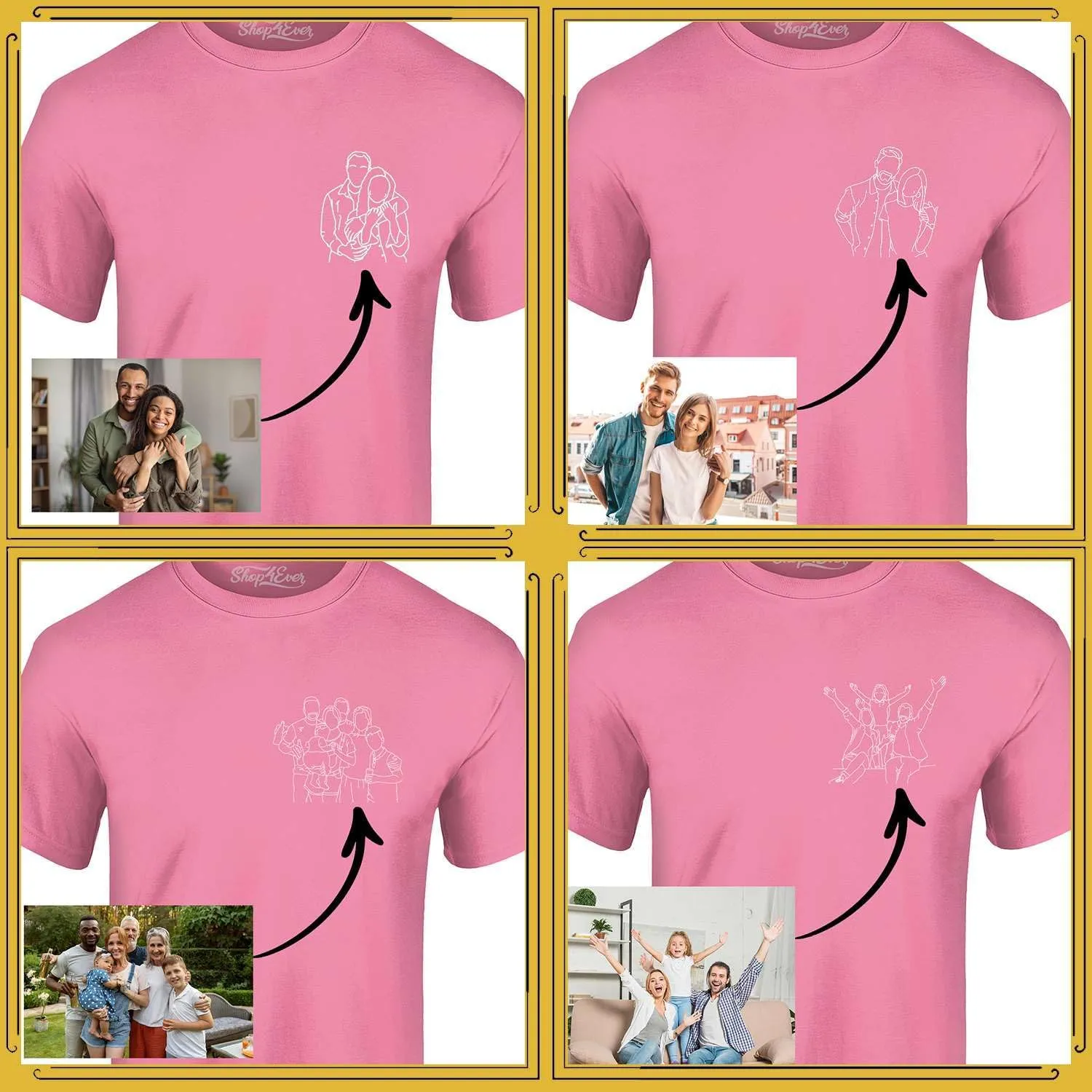 Personalized Custom Couples or Family Photo to Minimal Outline Sketch Art T-Shirt