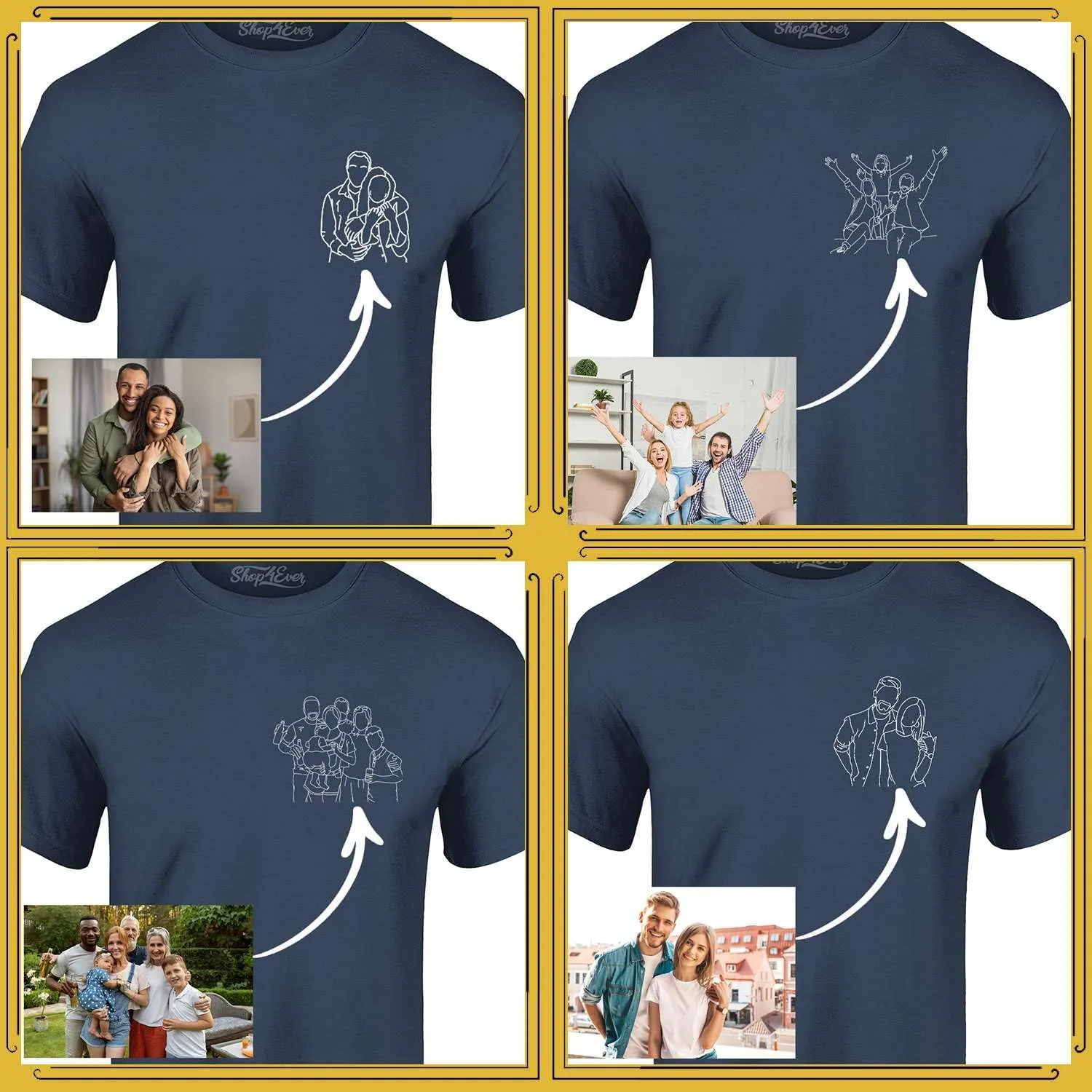 Personalized Custom Couples or Family Photo to Minimal Outline Sketch Art T-Shirt