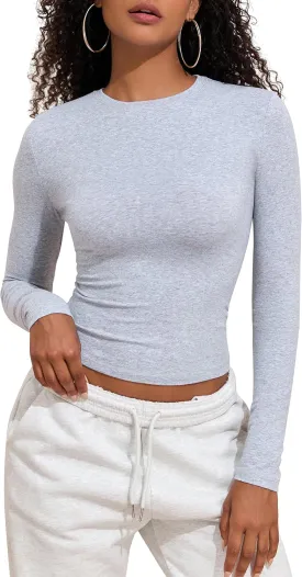 PrettyGuide Women's Cotton Jersey Long Sleeve Shirts Tight Fit Crewneck Crop Tops Basic Fall Going Out Y2K Tops