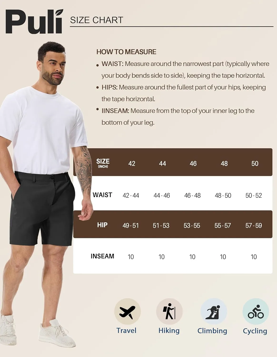 PULI Men's Big & Tall Golf Shorts Stretch 10 Inch Inseam Waterproof Lightweight Qiuck Dry Hiking Shorts