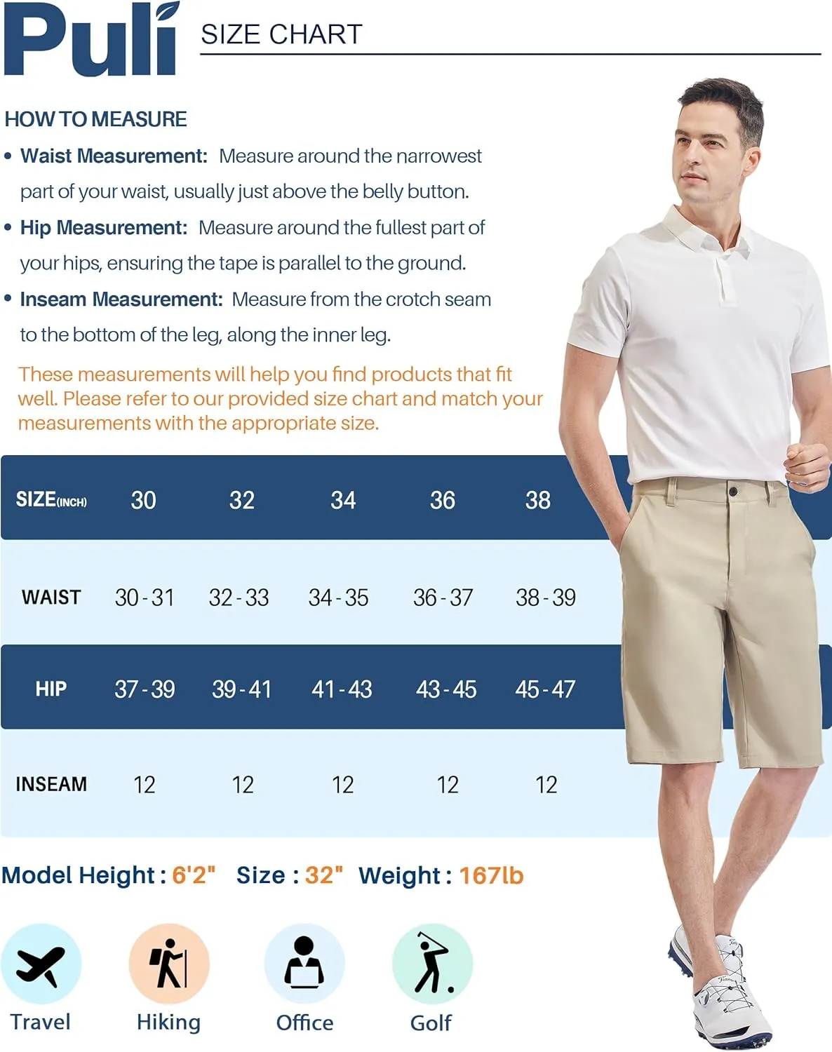 PULI Men's Big & Tall Golf Shorts Stretch 10 Inch Inseam Waterproof Lightweight Qiuck Dry Hiking Shorts