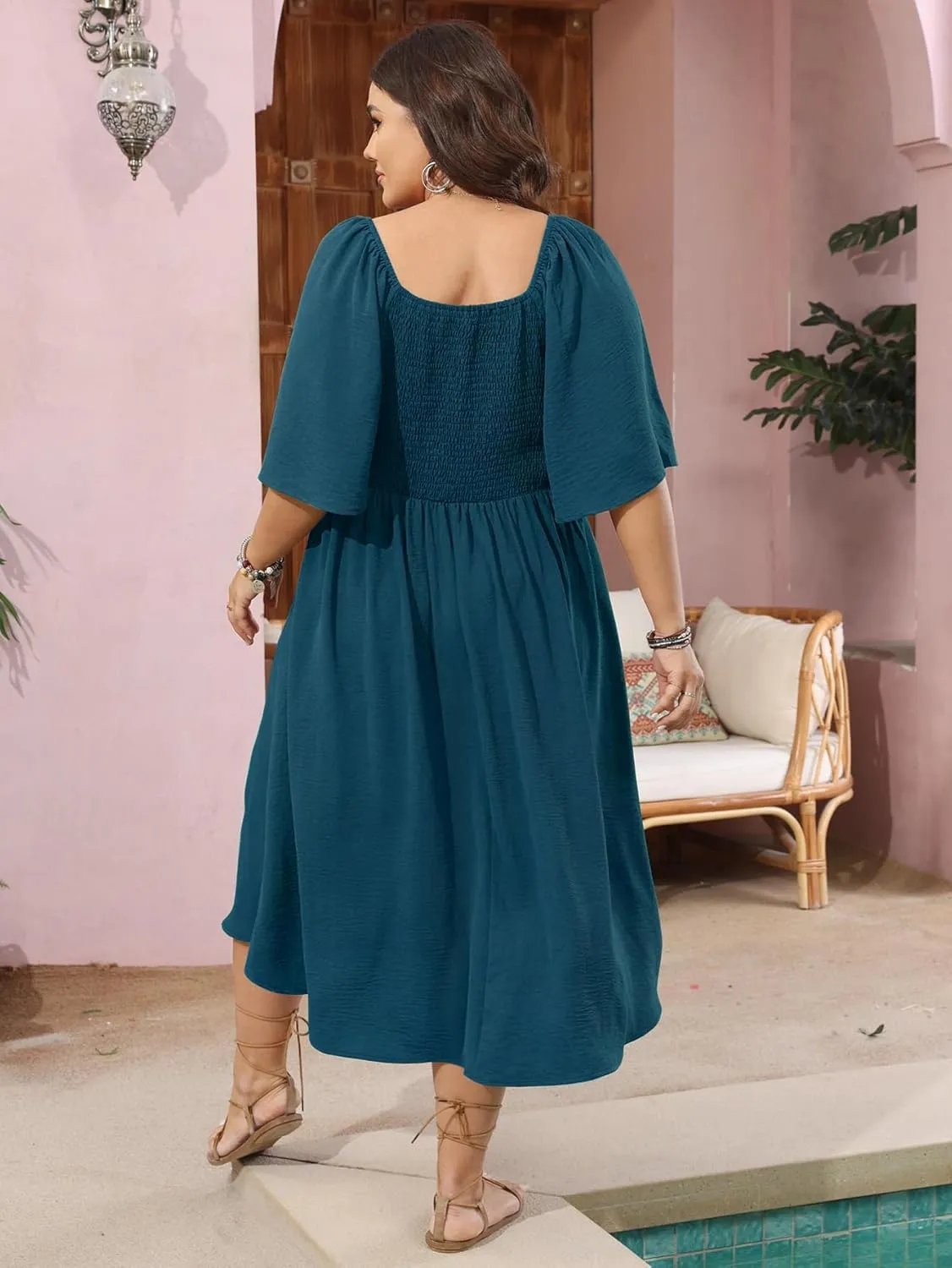 SCOMCHIC Plus Size Summer Dress Casual Short Sleeve Bow Tie Deep V Neck Smocked Button Down Midi Flowy A-line Boho Dresses