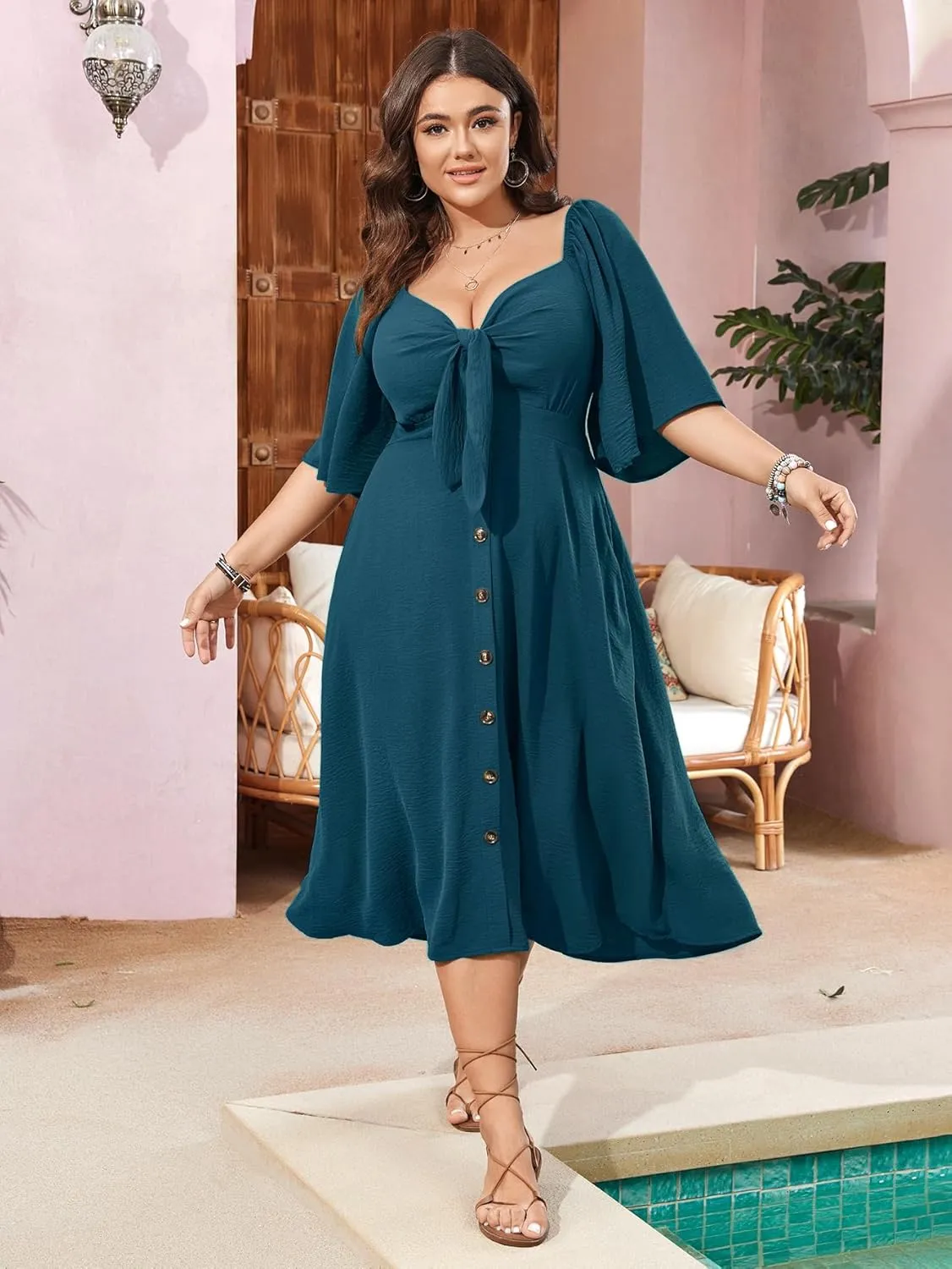 SCOMCHIC Plus Size Summer Dress Casual Short Sleeve Bow Tie Deep V Neck Smocked Button Down Midi Flowy A-line Boho Dresses
