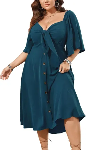 SCOMCHIC Plus Size Summer Dress Casual Short Sleeve Bow Tie Deep V Neck Smocked Button Down Midi Flowy A-line Boho Dresses
