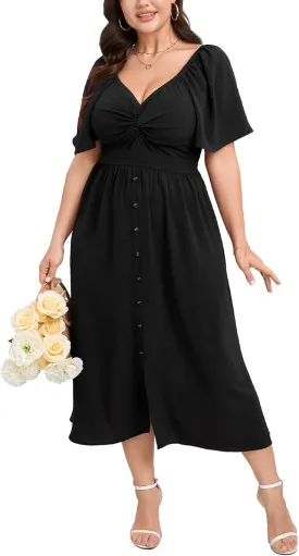 SCOMCHIC Women Plus Size Dresses Short Sleeve Sweetheart Neckline Wedding Guest Cocktail Twist Front A Line Maxi Dress