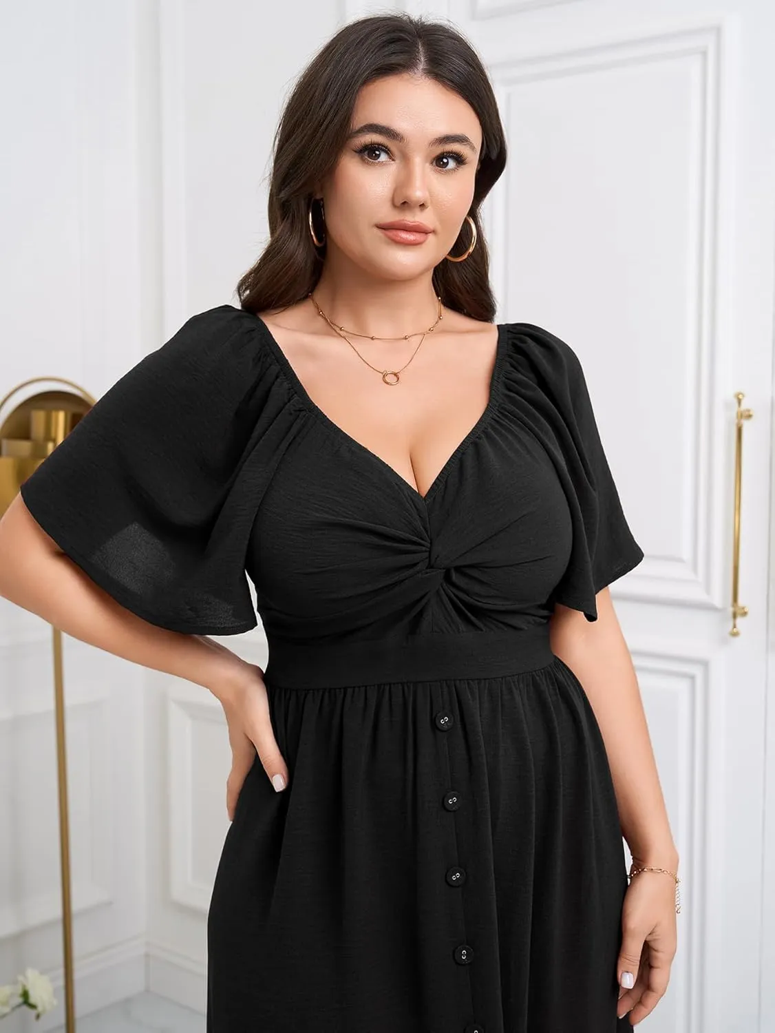 SCOMCHIC Women Plus Size Dresses Short Sleeve Sweetheart Neckline Wedding Guest Cocktail Twist Front A Line Maxi Dress