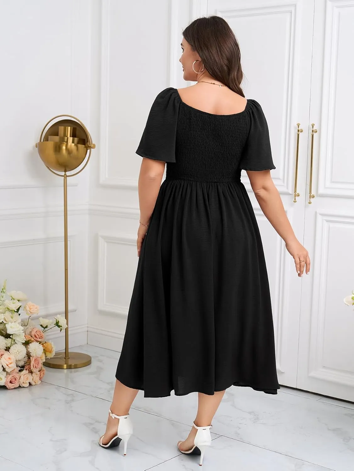 SCOMCHIC Women Plus Size Dresses Short Sleeve Sweetheart Neckline Wedding Guest Cocktail Twist Front A Line Maxi Dress