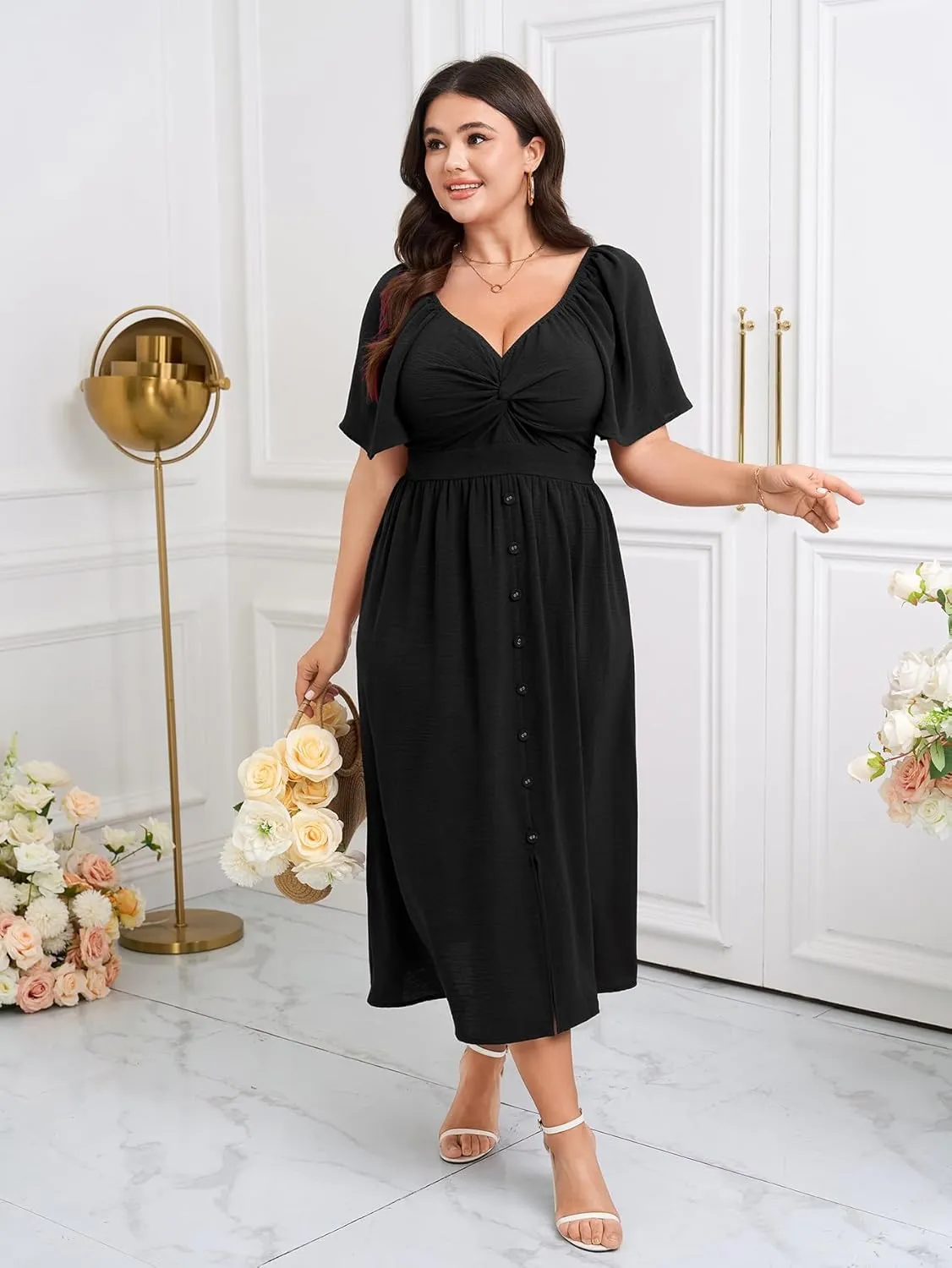 SCOMCHIC Women Plus Size Dresses Short Sleeve Sweetheart Neckline Wedding Guest Cocktail Twist Front A Line Maxi Dress