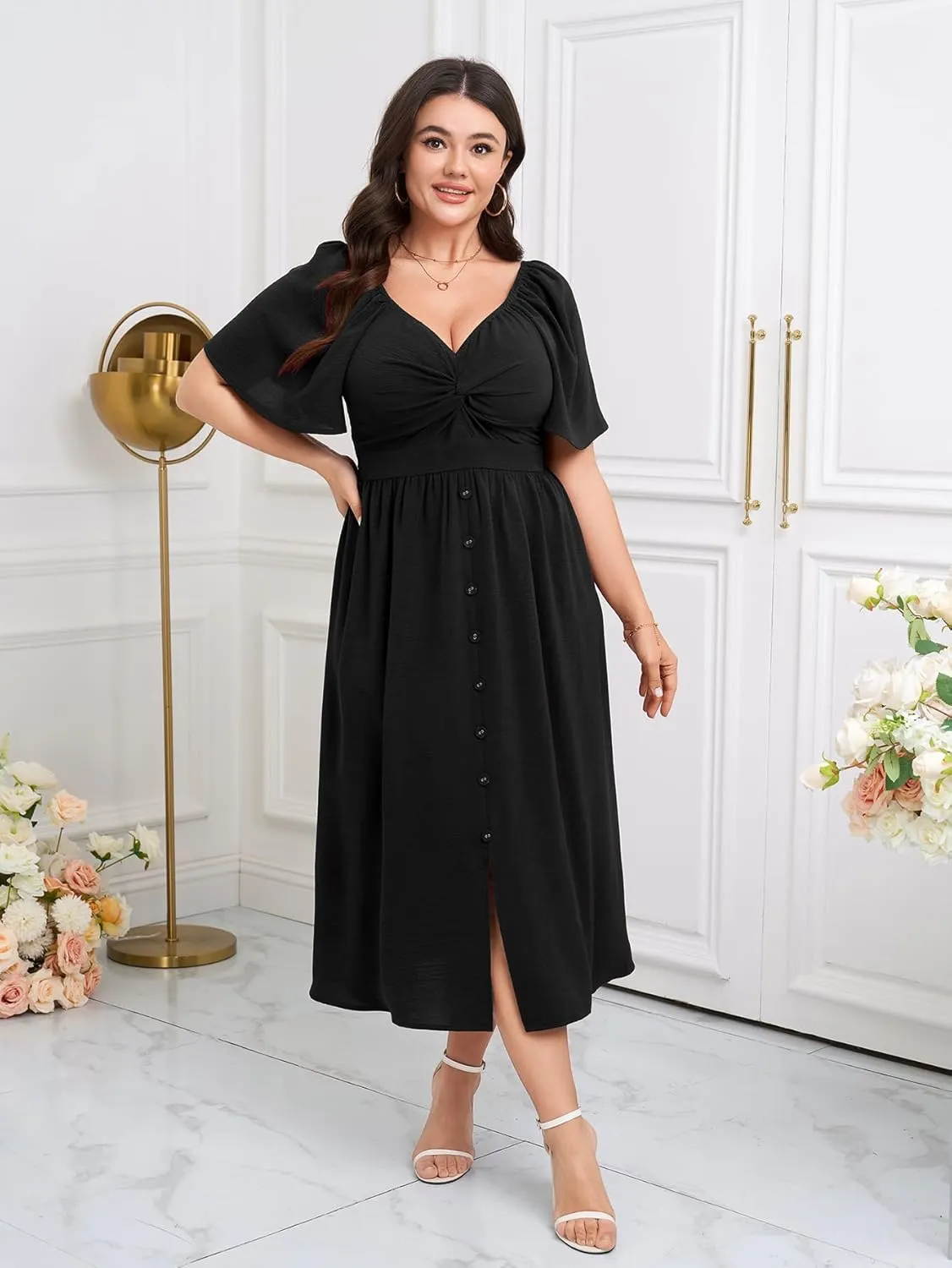 SCOMCHIC Women Plus Size Dresses Short Sleeve Sweetheart Neckline Wedding Guest Cocktail Twist Front A Line Maxi Dress