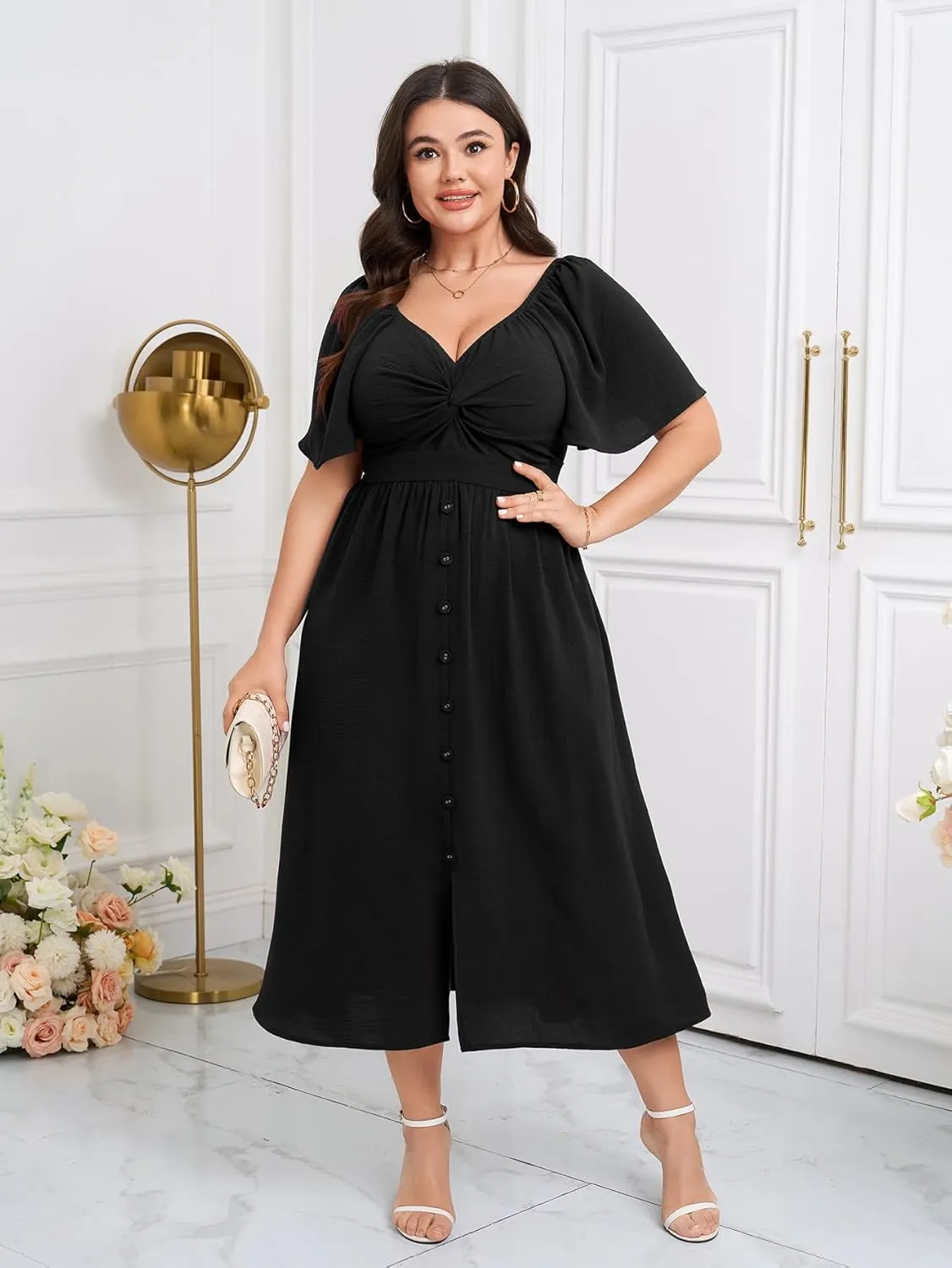 SCOMCHIC Women Plus Size Dresses Short Sleeve Sweetheart Neckline Wedding Guest Cocktail Twist Front A Line Maxi Dress