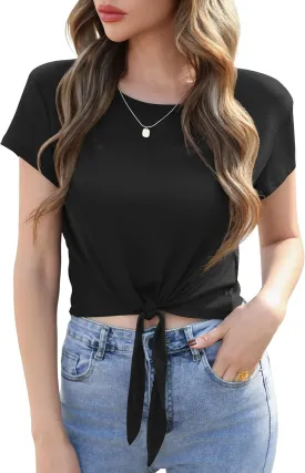 TASAMO Women's Summer Crop Top Lightweight Short Sleeve Tie Front Loose Fit Y2K Stripe Thin Tee Slightly Sheer T-Shirt