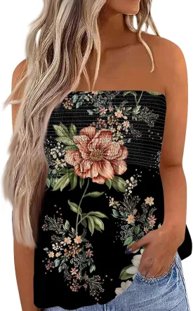 Tube Tops for Women Floral Print Strapless Tube Tops Smocked Ruffled Sleeveless Bandeau Lightweight Cute Tanks