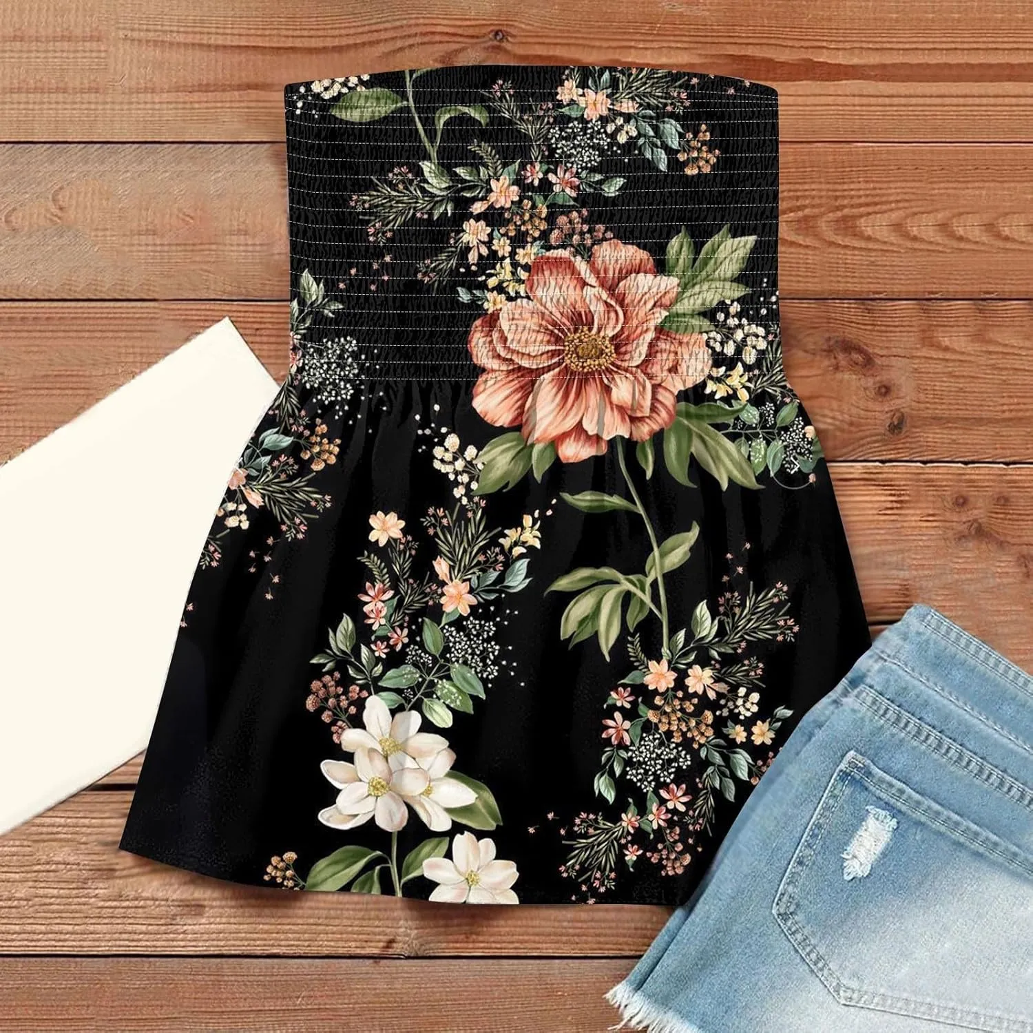 Tube Tops for Women Floral Print Strapless Tube Tops Smocked Ruffled Sleeveless Bandeau Lightweight Cute Tanks