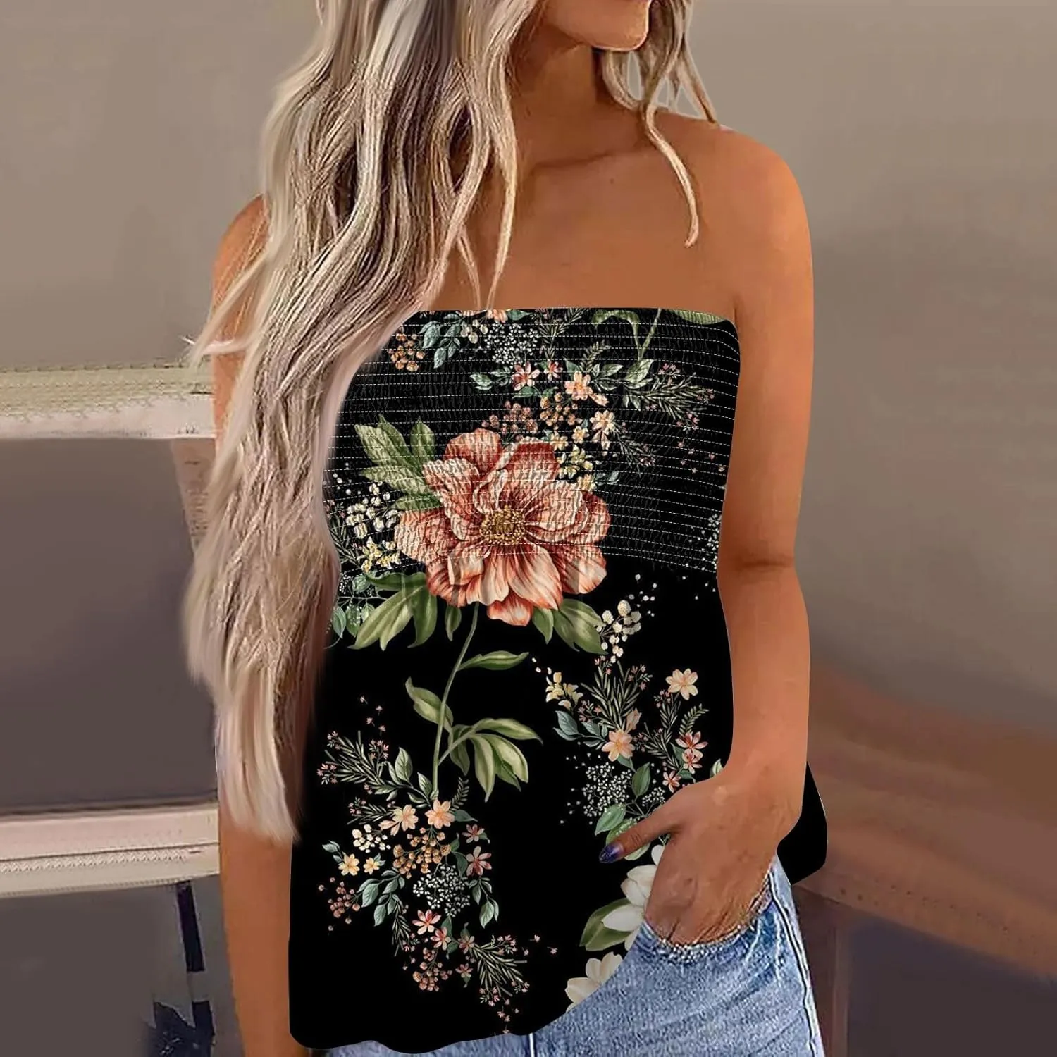 Tube Tops for Women Floral Print Strapless Tube Tops Smocked Ruffled Sleeveless Bandeau Lightweight Cute Tanks