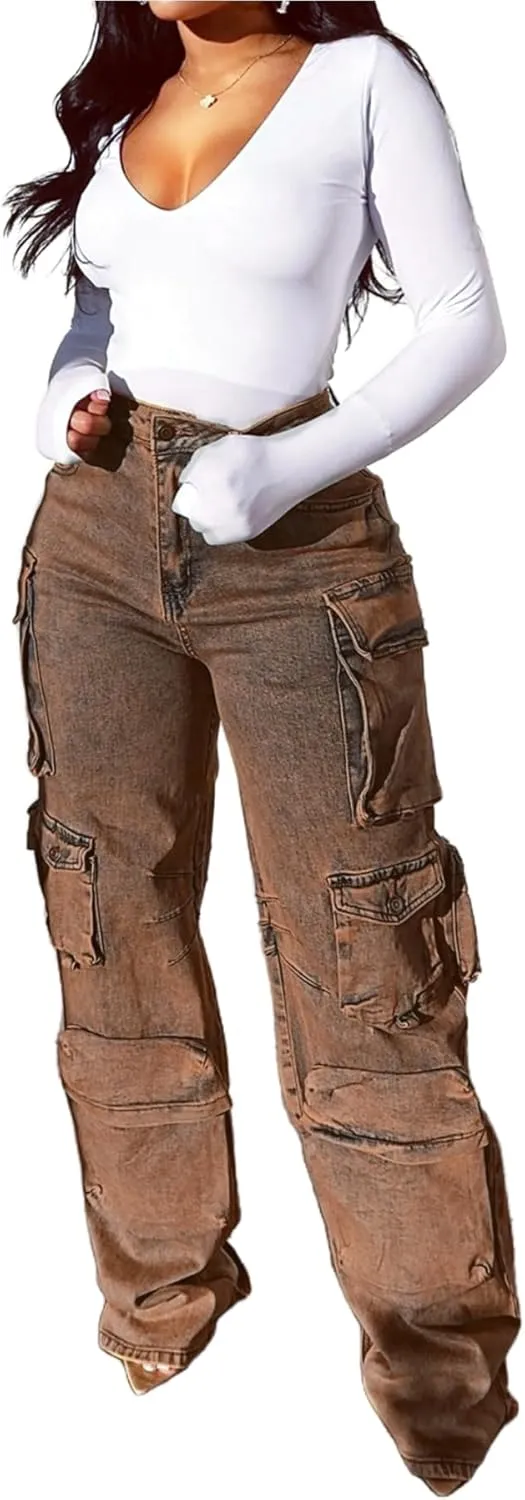 Vaceky Denim Baggy Jeans Women Straight Leg Y2K Distressed Cargo Joggers with Pockets