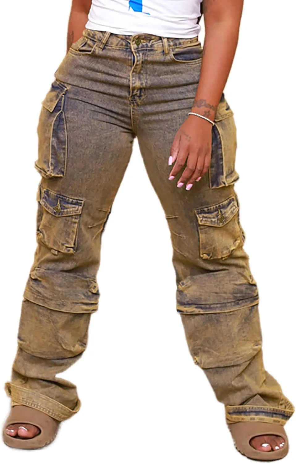 Vaceky Denim Baggy Jeans Women Straight Leg Y2K Distressed Cargo Joggers with Pockets