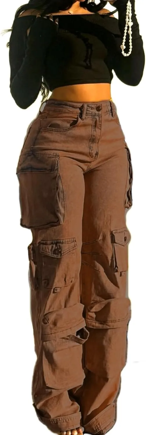 Vaceky Denim Baggy Jeans Women Straight Leg Y2K Distressed Cargo Joggers with Pockets